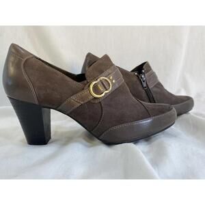 Clark Sapphire Selene 8M Slip On Brown Leather Ankle  Pump Side Zip Boho Shootie